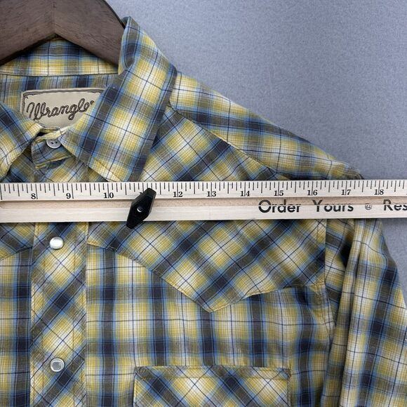 Y2K Wrangler Western Blue Yellow Plaid Pearl Snap Sleeved Shirt Mens M‎ Cowboy - Picture 5 of 8